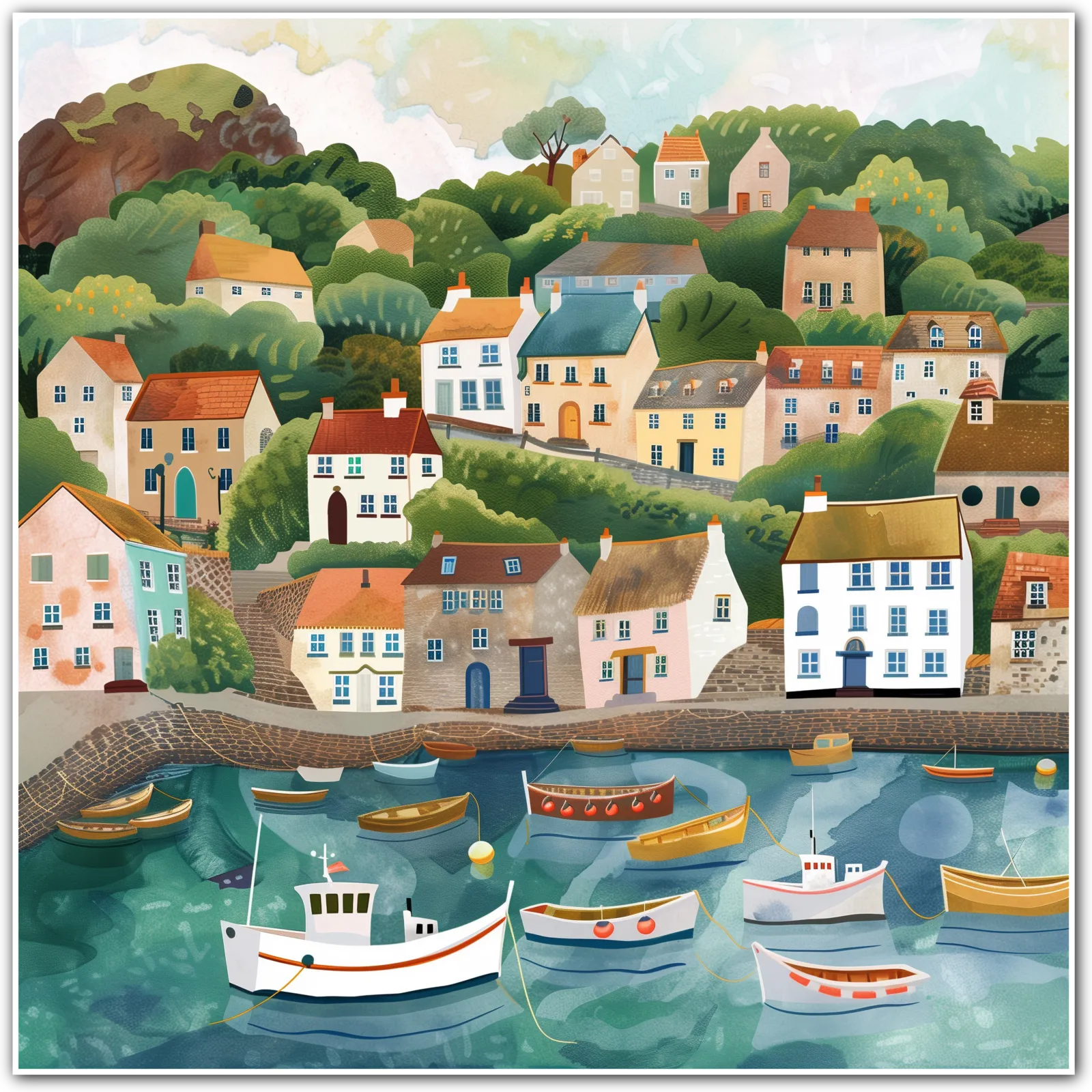 Coastal Harbour with Colourful Boats Art Print