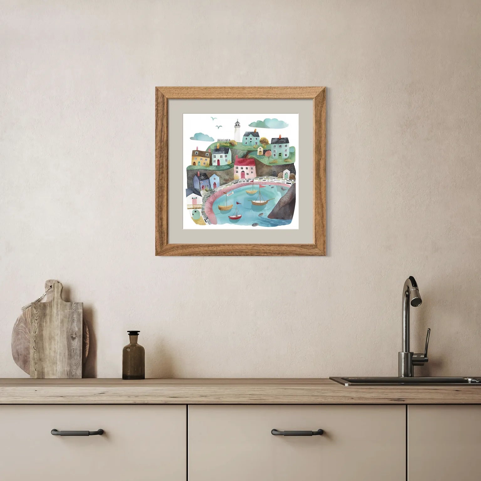 Coastal Harbour with Colourful Boats Art Print