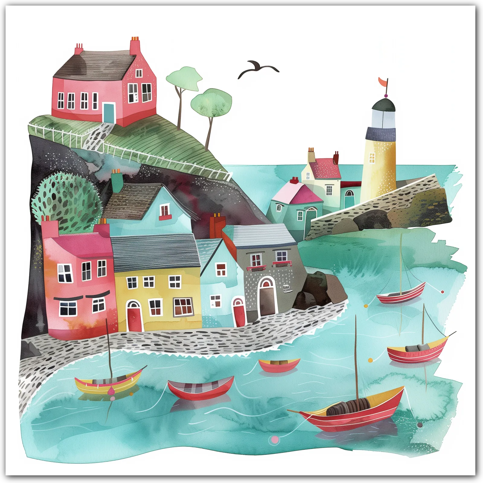 Colourful Village by the Shore with Boats Art Print