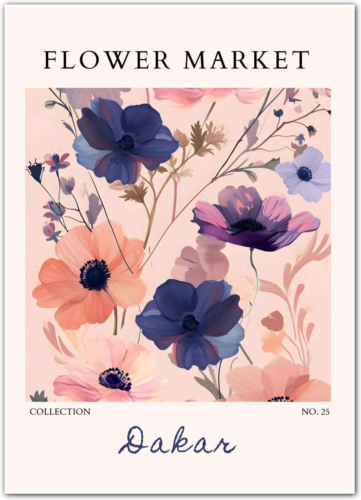 Dakar Anemone Bloom Art Print – Moody Purples and Sunset Peach Florals