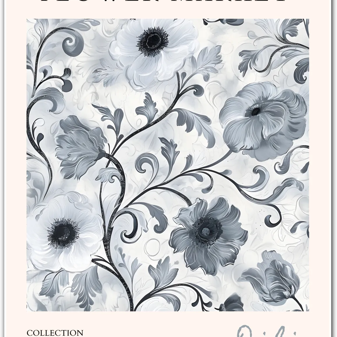 Dili Monochrome Anemones – Greyscale Baroque Floral Art Print