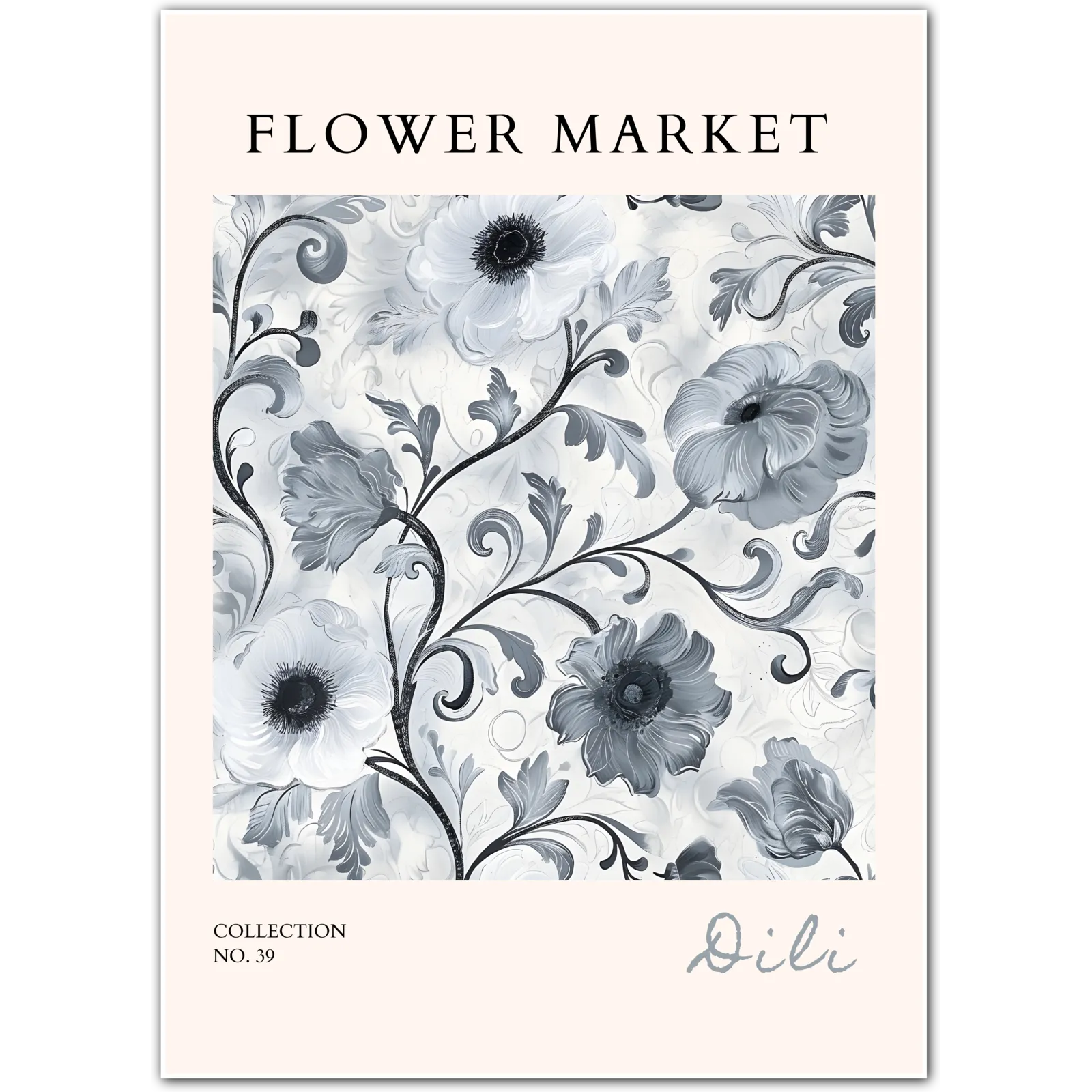Dili Monochrome Anemones – Greyscale Baroque Floral Art Print