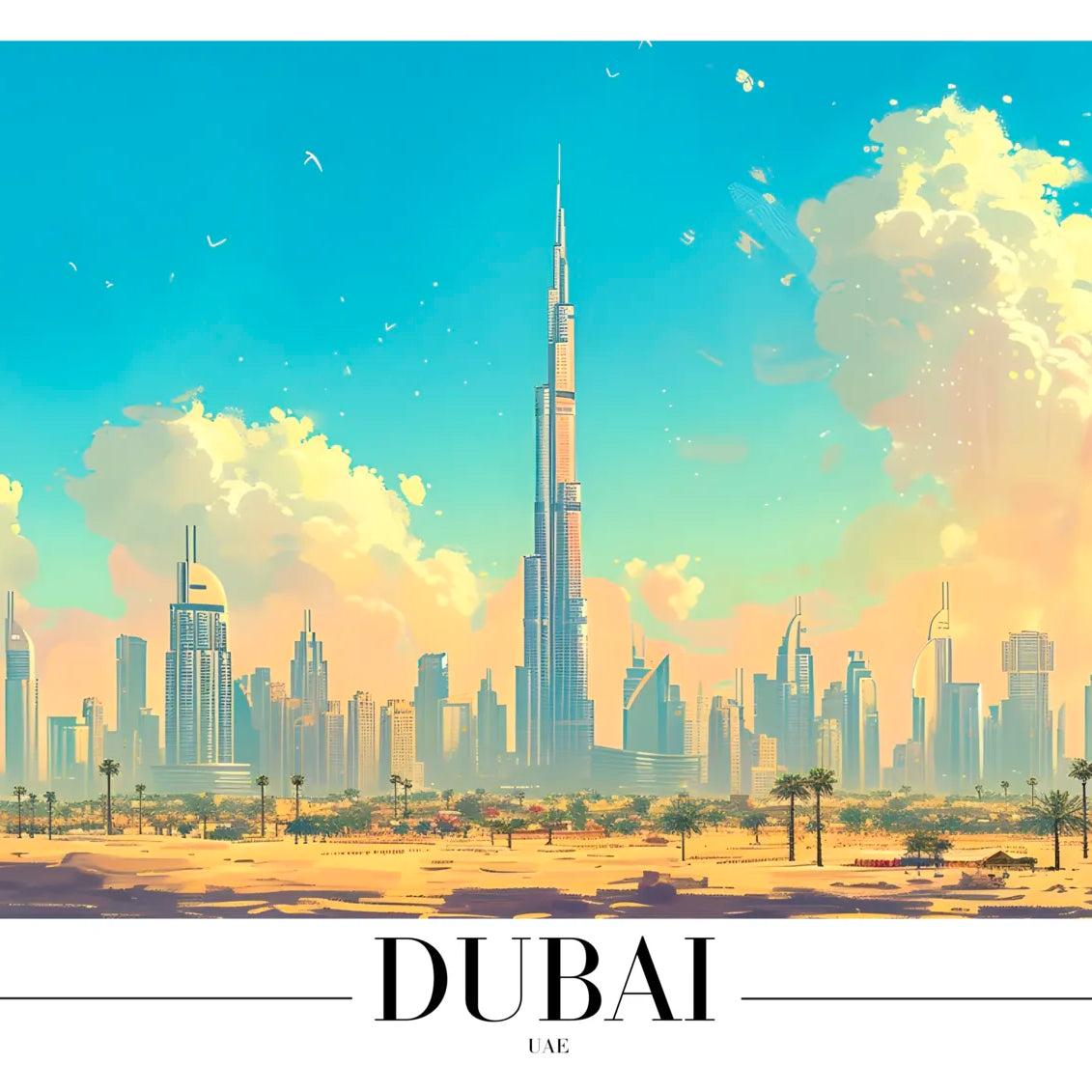 Dubai Skyline Art Print with Desert and Burj Khalifa 3
