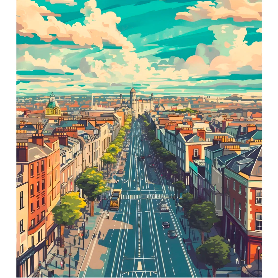 Dublin Cityscape Art Print With Sunlit Main Street And Trees 3