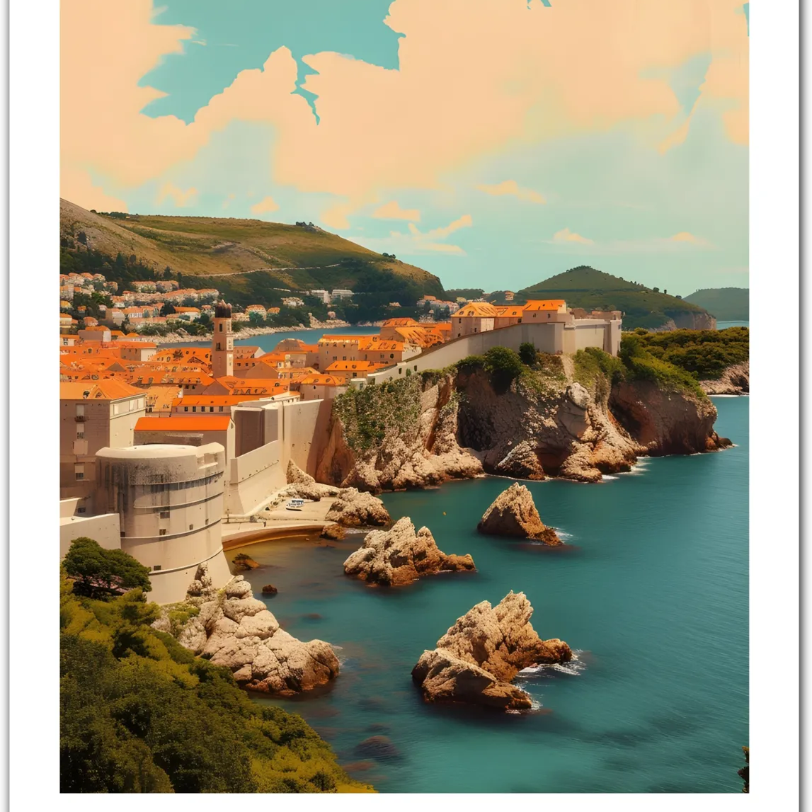 Dubrovnik Croatia Art Print – City Walls and Rocks by the Sea