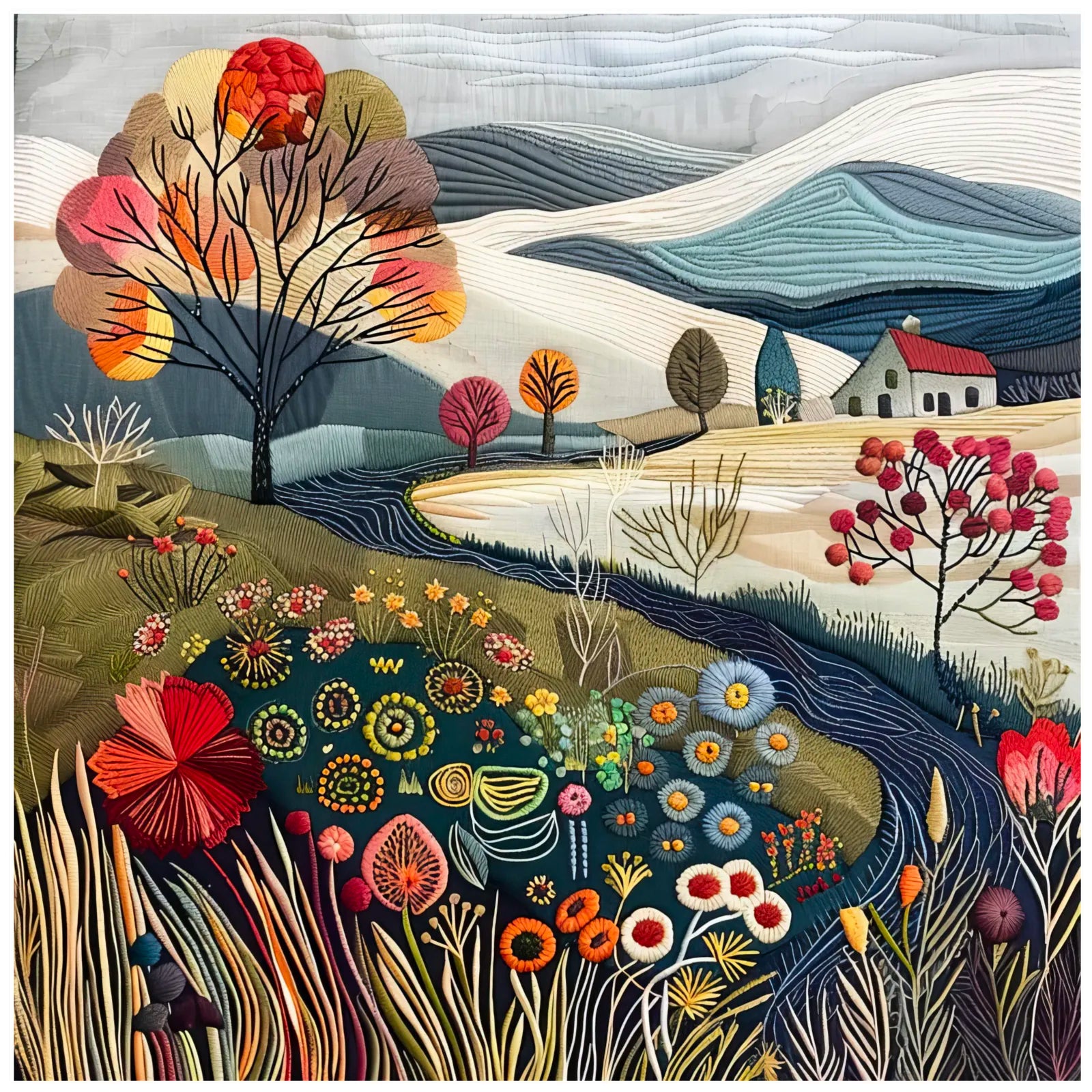Meadow Stream to Home Embroidered Art Print 3