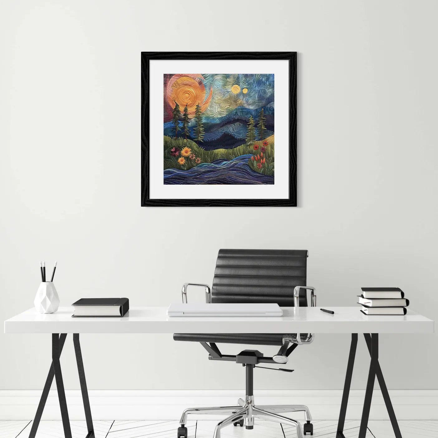 Sunlit River Valley Embroidered Landscape Art Print 2