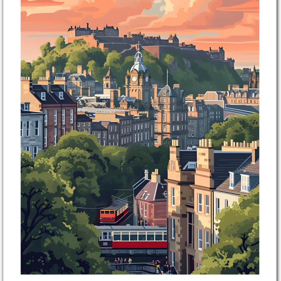 Edinburgh Scotland Art Print – City View with Castle and Old Town