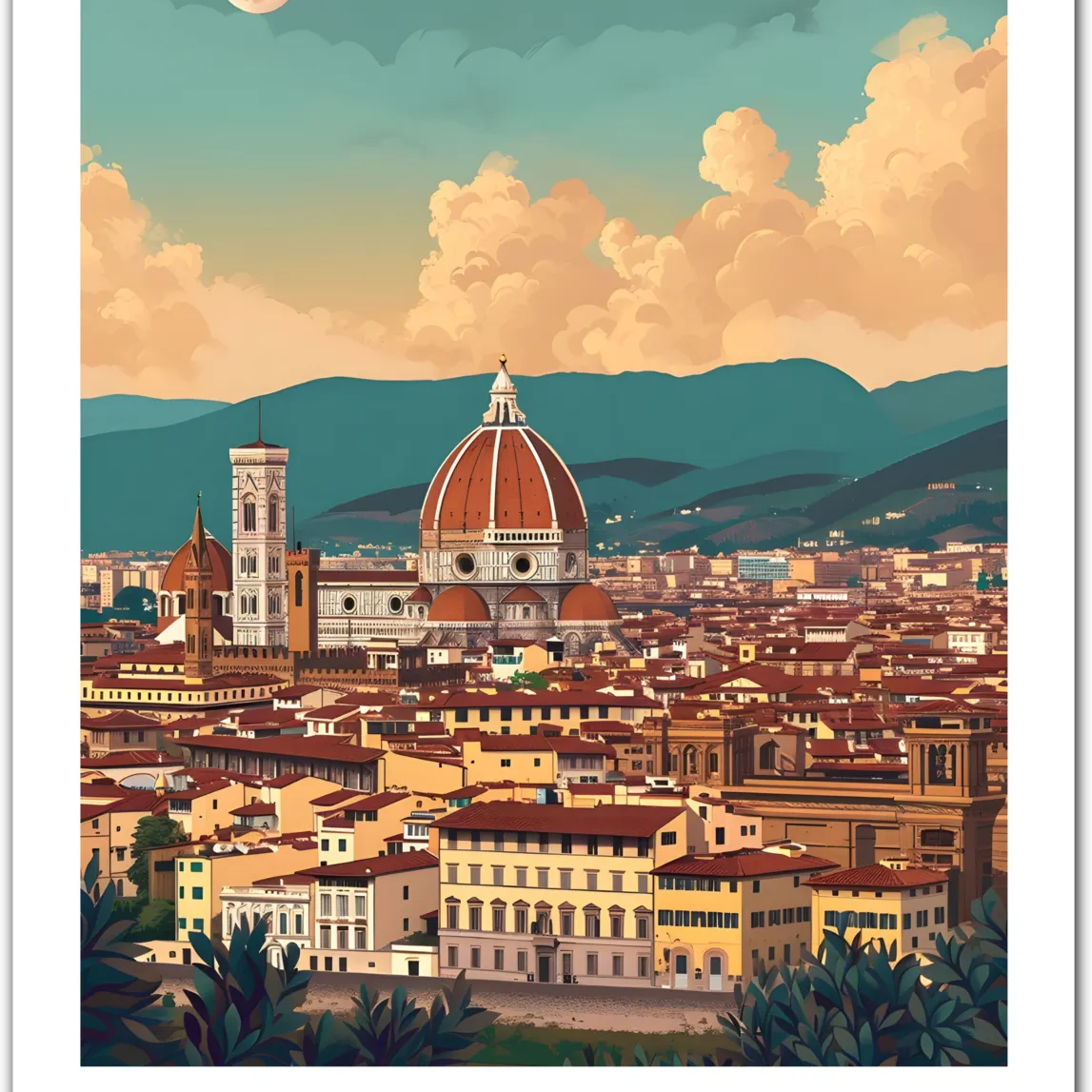 Florence Italy Art Print – City View with Duomo and Hills