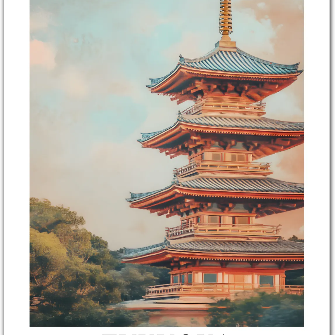 Fukuoka Pagoda Art Print - Traditional Japanese Architecture Amidst Serene Landscapes