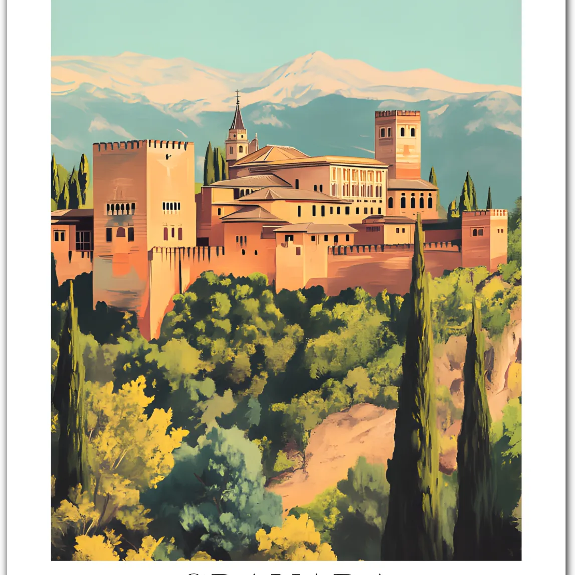 The Alhambra in Granada Art Print - Majestic Spanish Architecture with a Mountain Backdrop