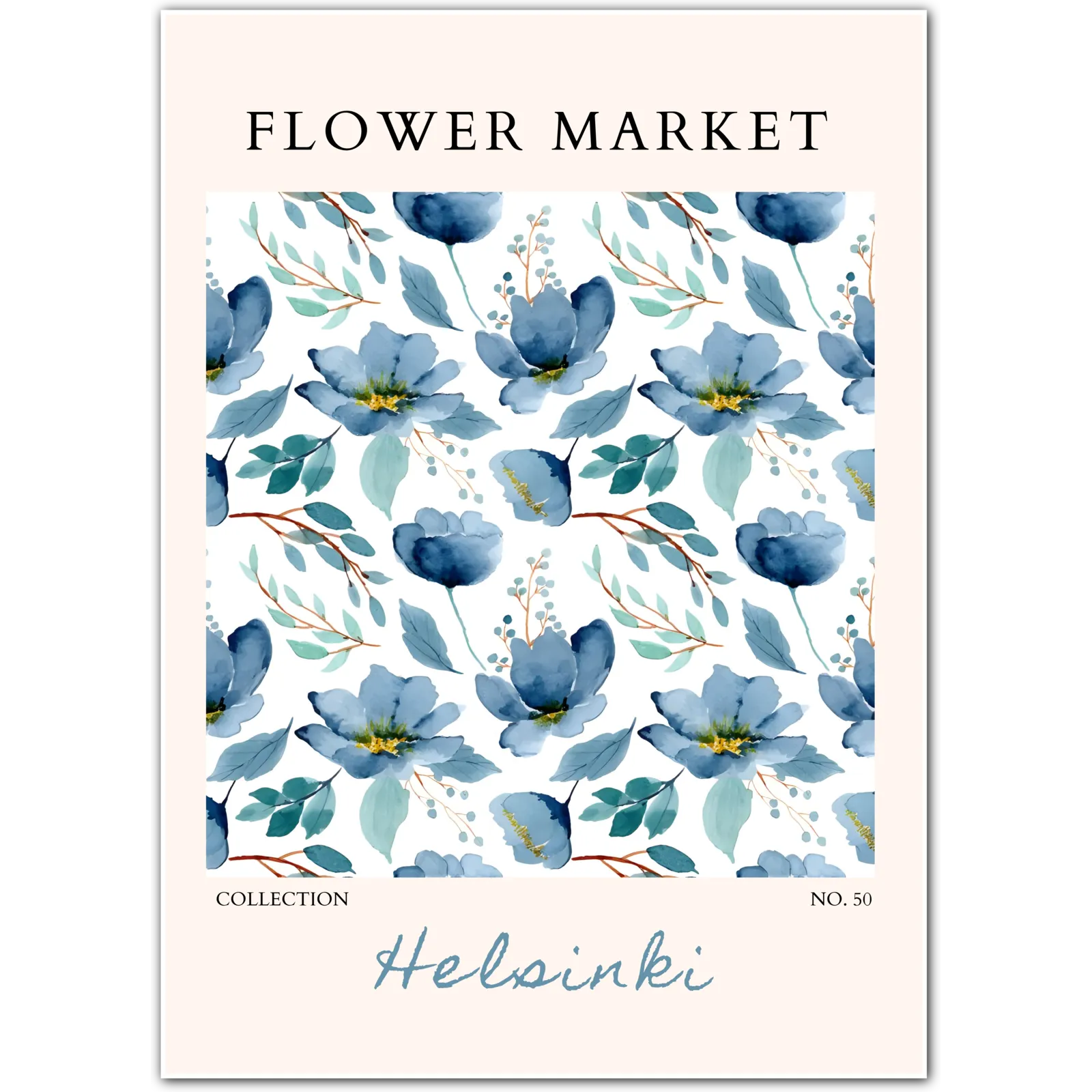 Helsinki Midnight Bloom Watercolour Art Print – Nordic Floral Style