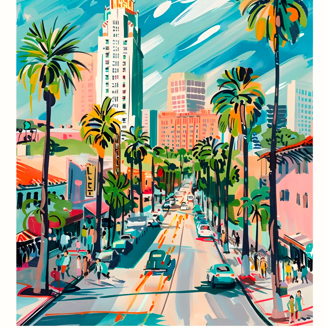 Downtown LA Art Print With Retro Palm-Lined Streets And Skyline 3