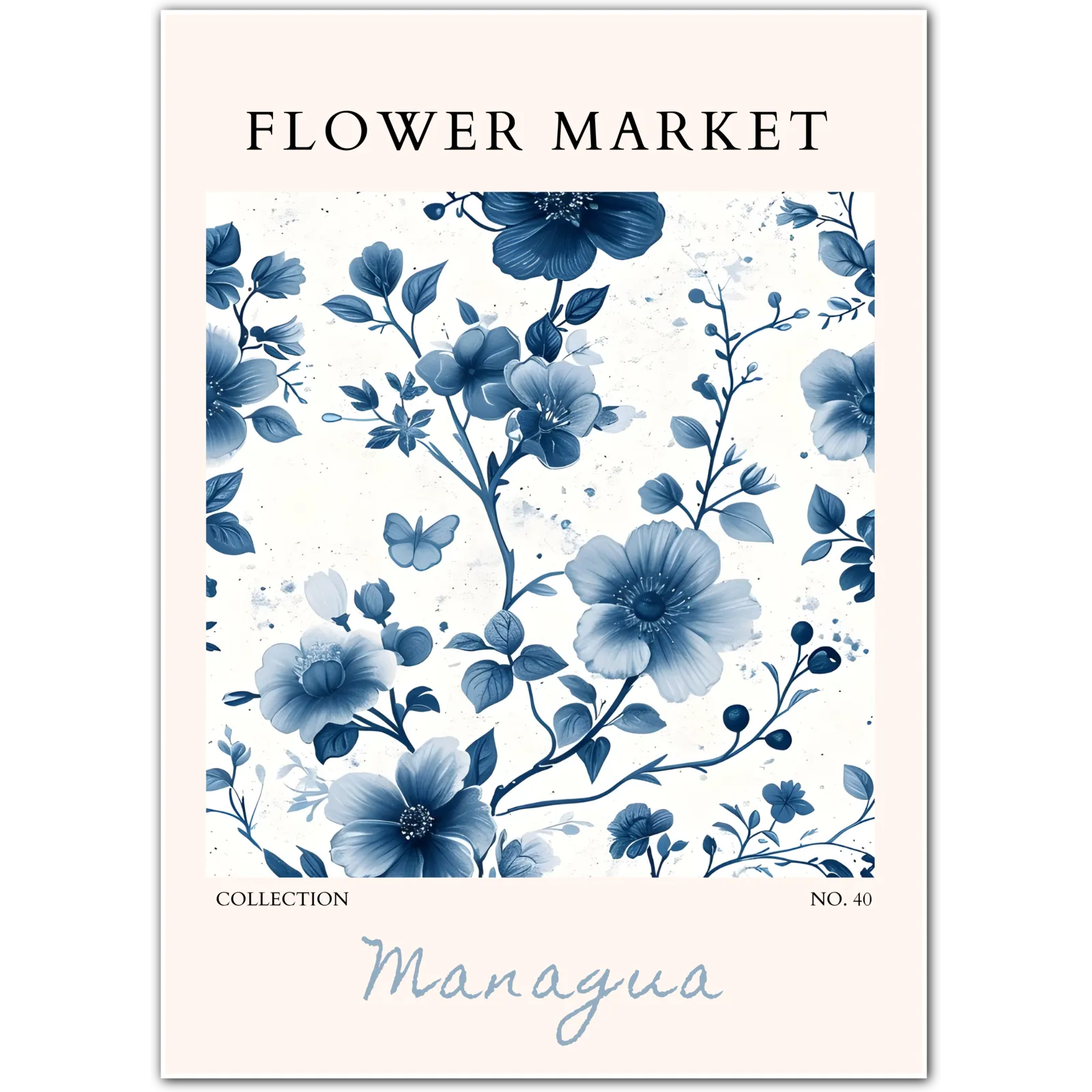 Managua Indigo Blossom Wall Art – Nicaraguan Floral Elegance in Monochrome