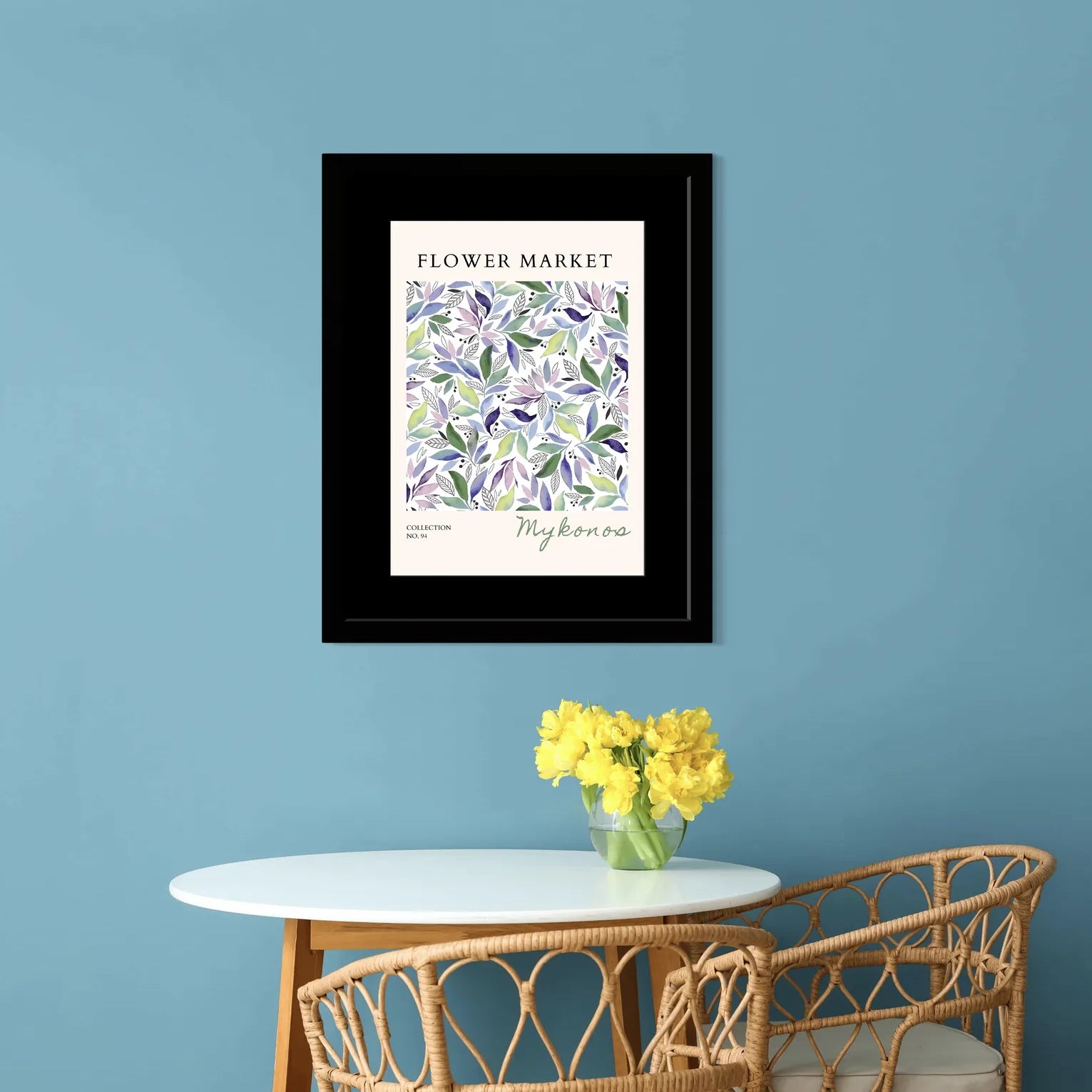 Mykonos Flower Market Art Print – Mediterranean Leafy Breeze in Soft Pastels