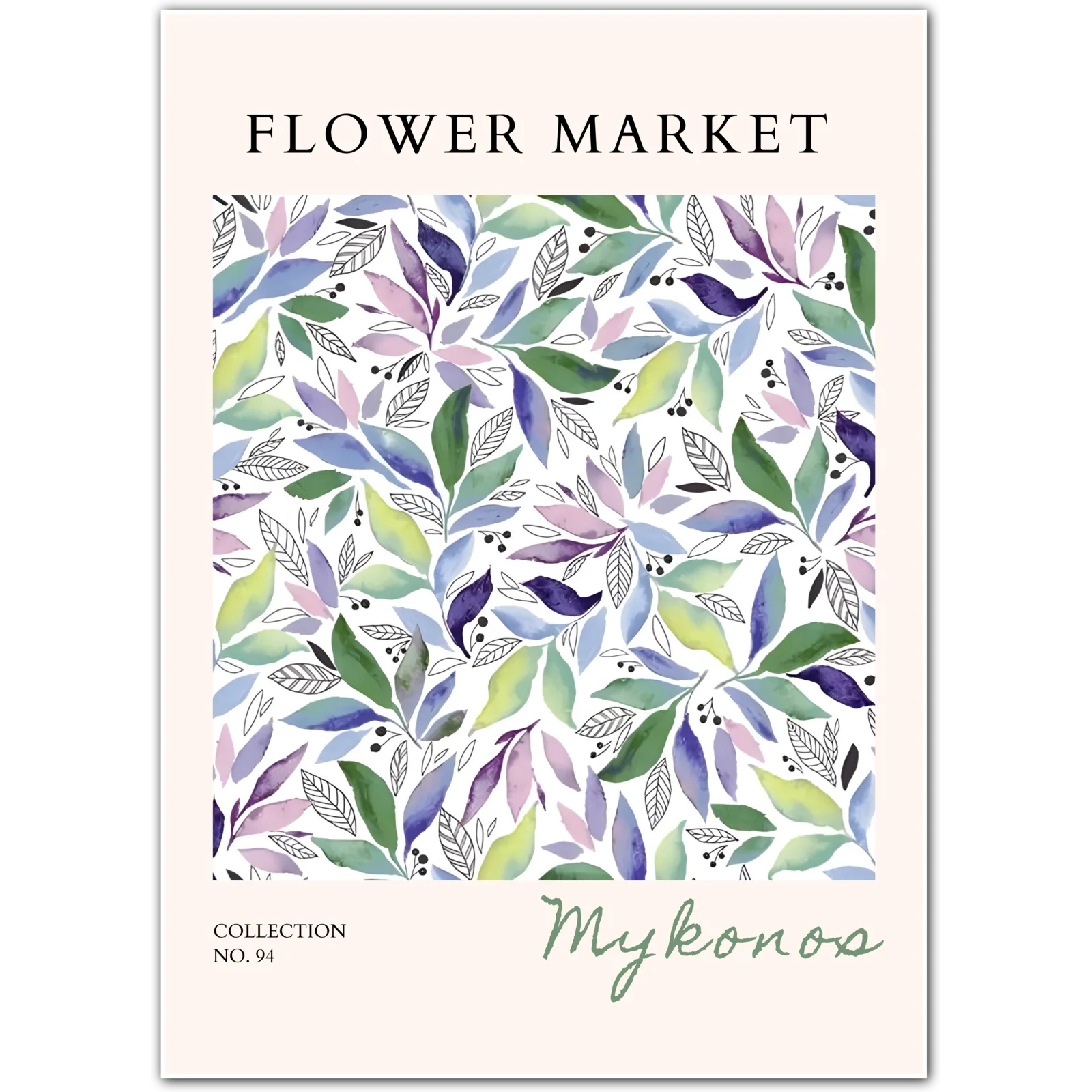 Whispers of the Aegean – Mykonos Leafy Pastel Wall Art