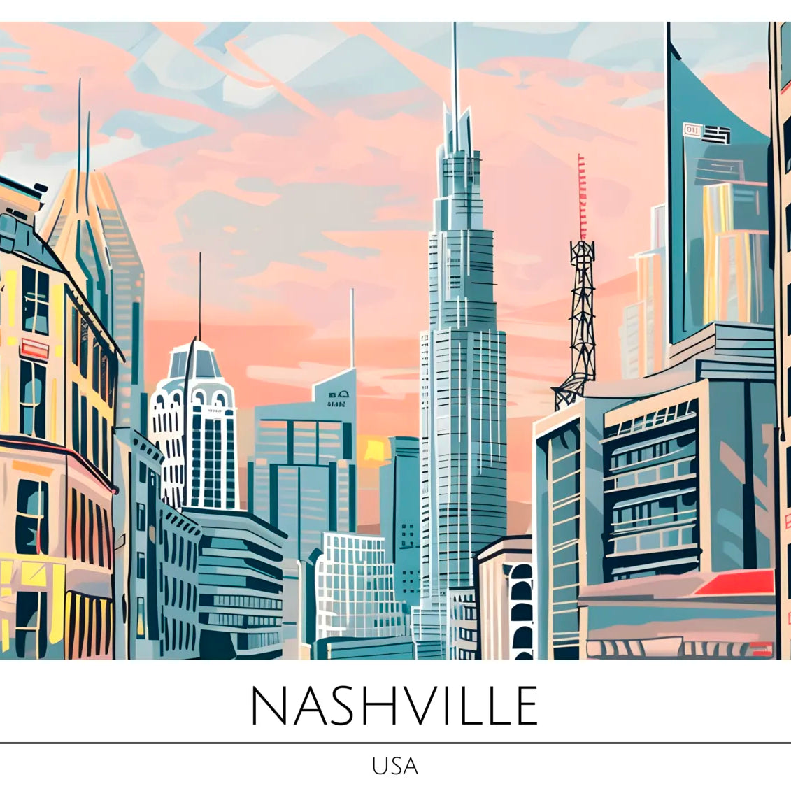 Nashville City Skyline with Skyscrapers Art Print 3