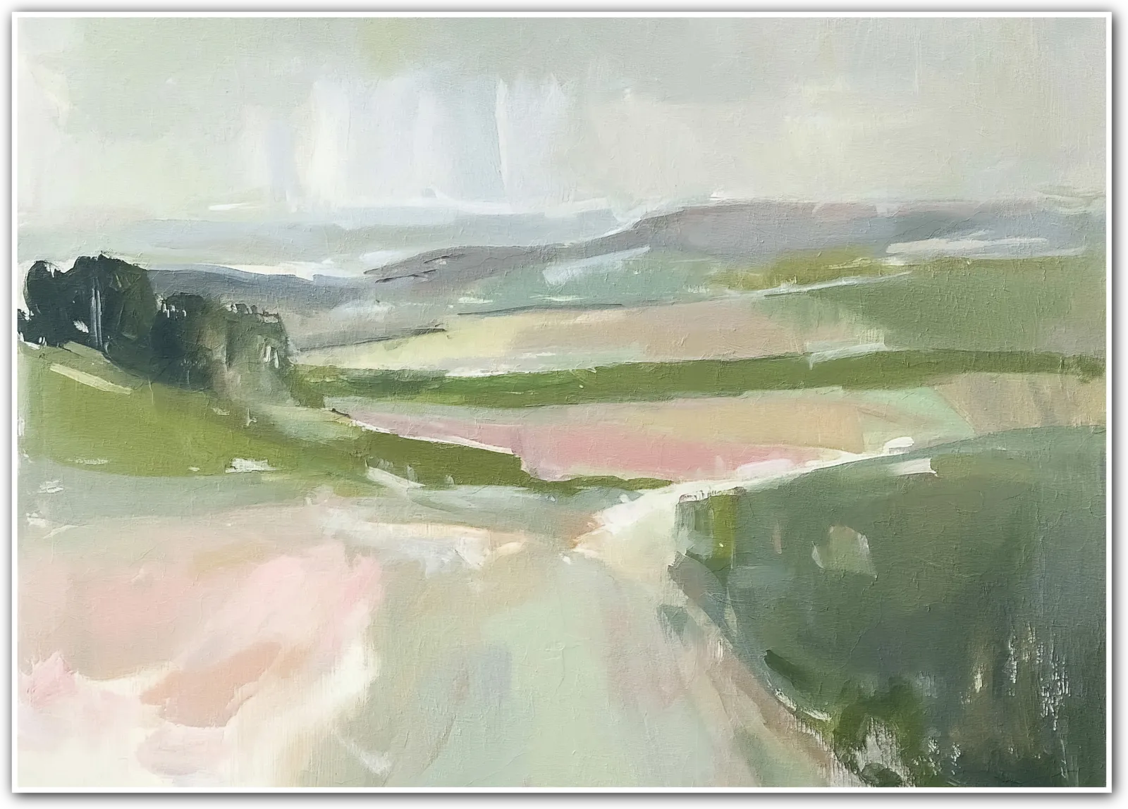 Whispers of Dawn – A Tranquil Landscape in Sage and Blush