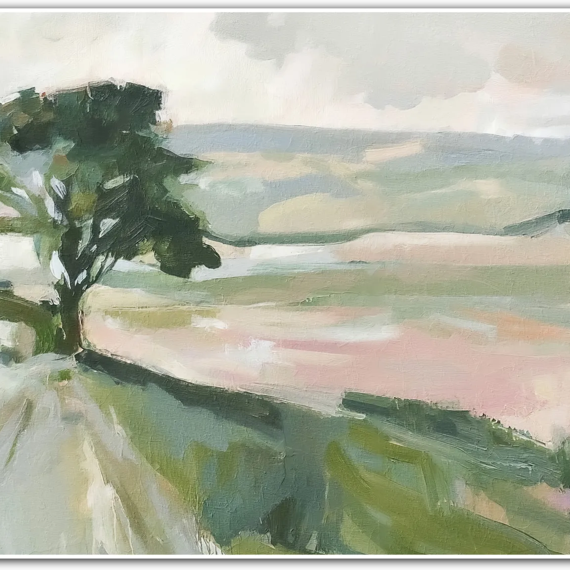 The Turning Path – Countryside Tree Under a Soft Summer Sky