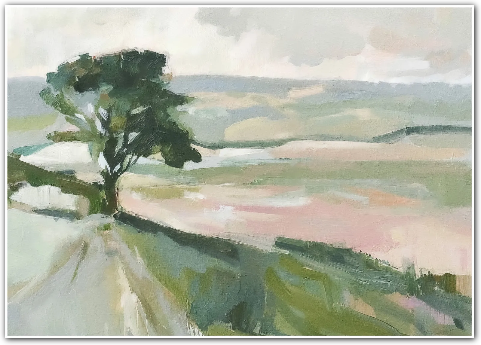 The Turning Path – Countryside Tree Under a Soft Summer Sky