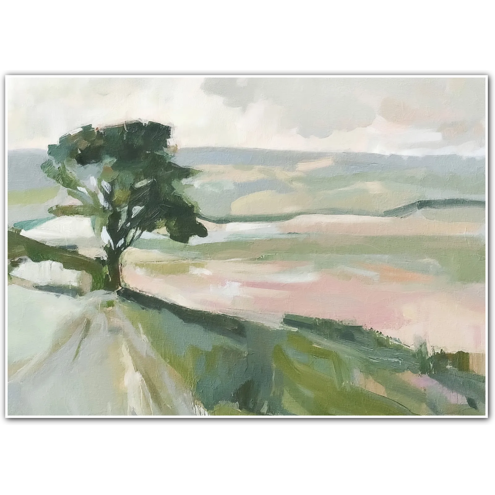 The Turning Path – Countryside Tree Under a Soft Summer Sky