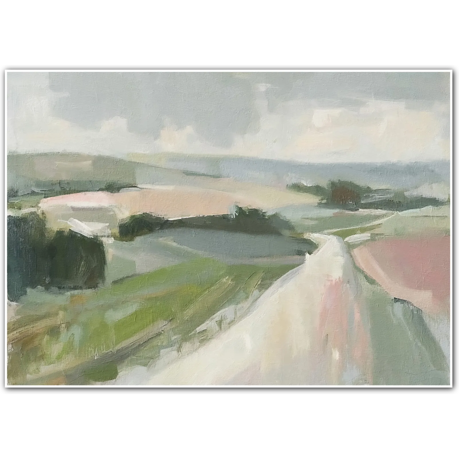 Windswept Road – A Journey Through Blush and Olive Fields