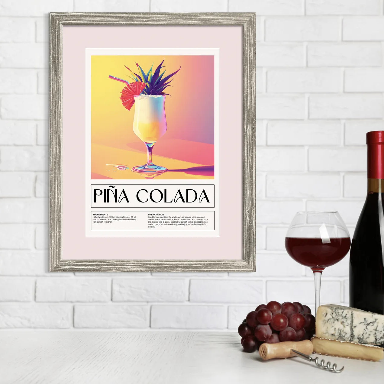 Pina Colada Art Print – Pastel Pink & Lemon Cocktail Design 2