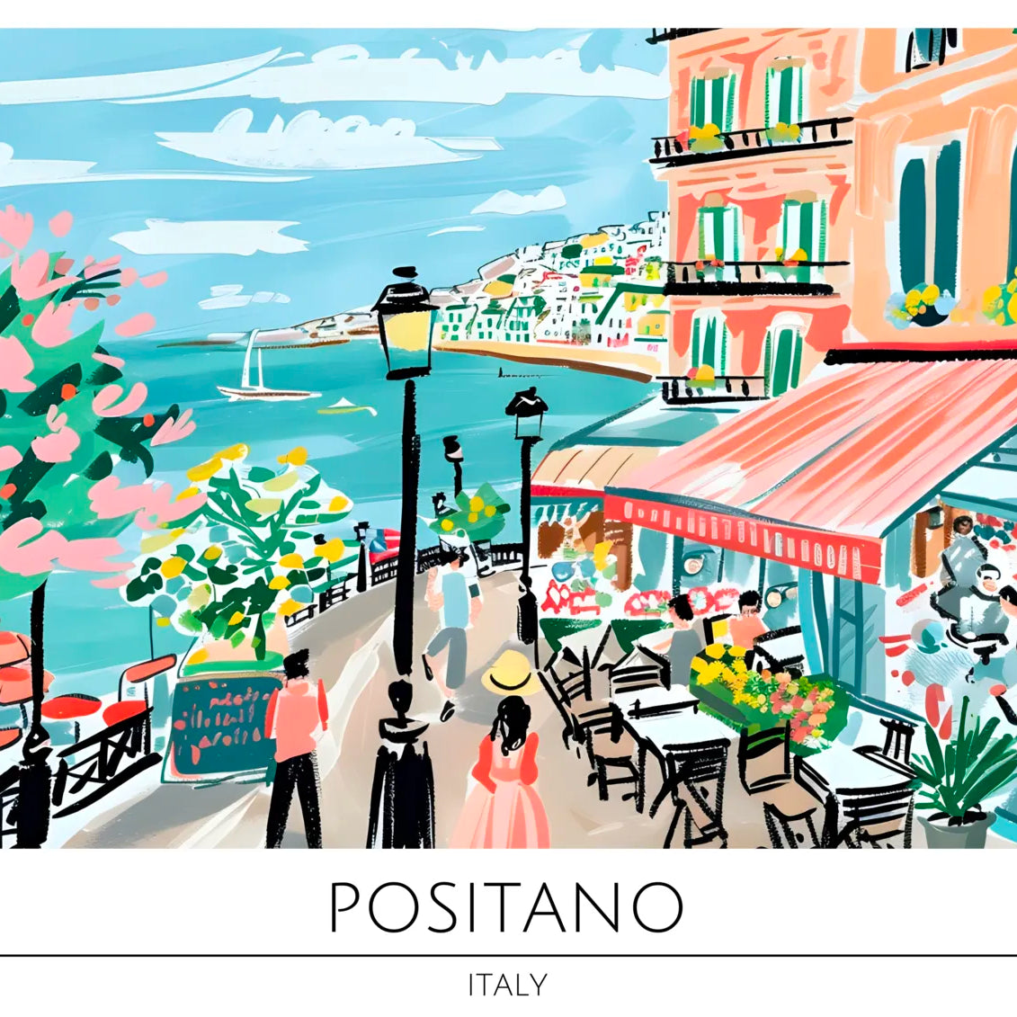 Positano Seaside Café and Hillside Homes Art Print 1