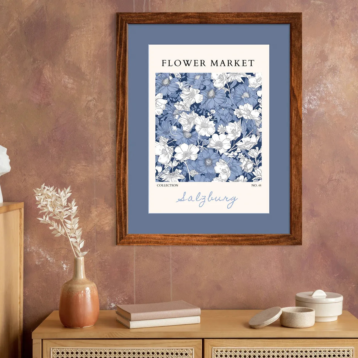Blue Florals of Salzburg – Hand-Drawn European Garden Print