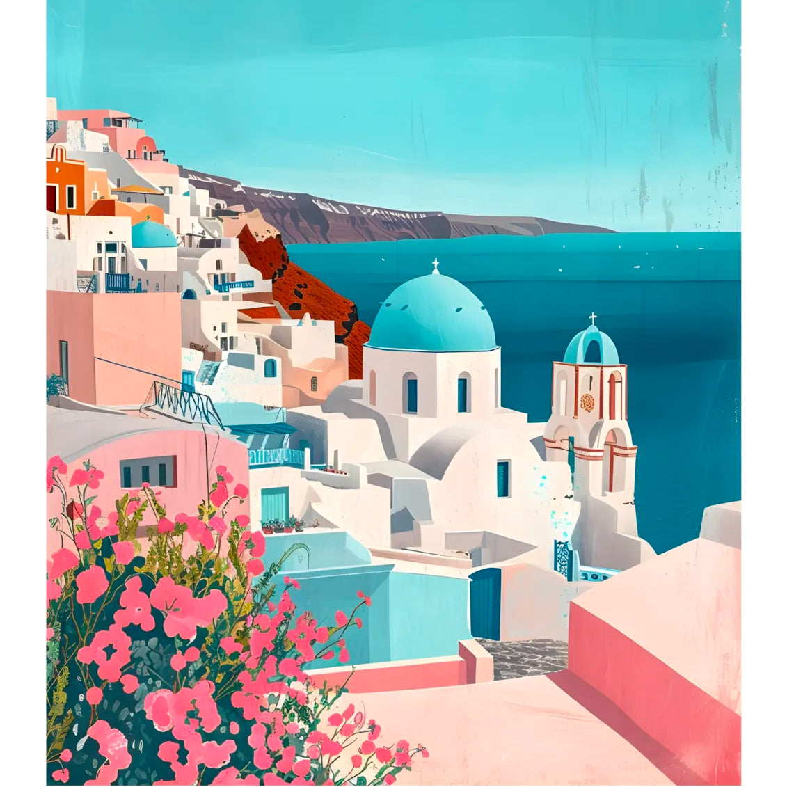 Santorini Art Print With Iconic Blue And White Buildings 3
