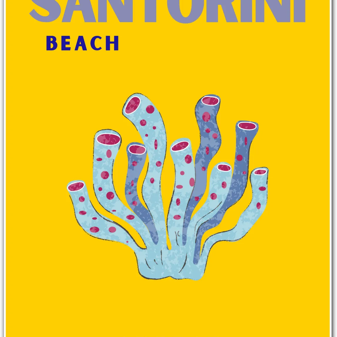 Santorini Greece Art Print – Vibrant Coral Illustration