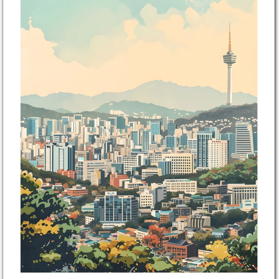 Serene Seoul: A Stunning Cityscape Blending Modern & Nature Art Print