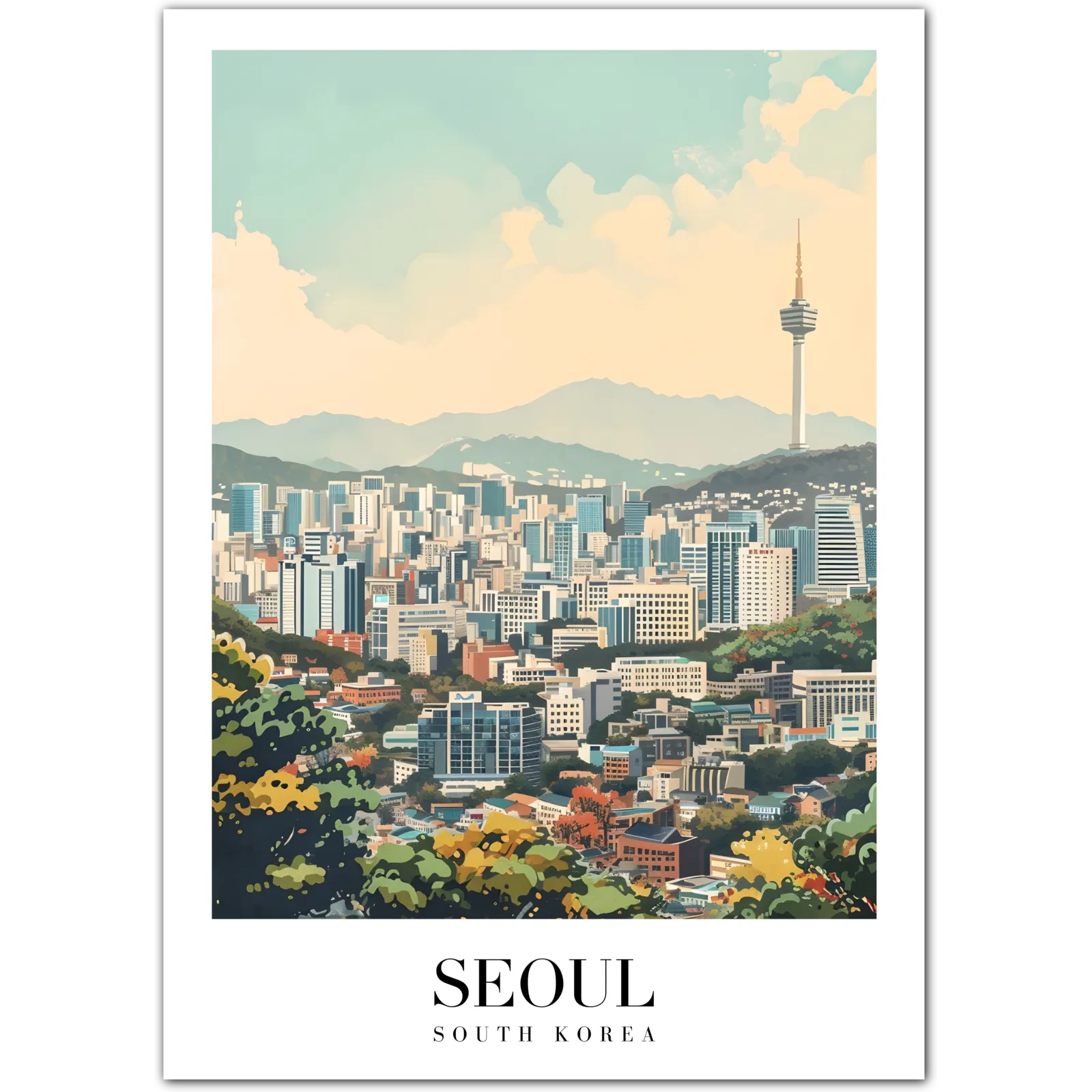 Serene Seoul: A Stunning Cityscape Blending Modern & Nature Art Print