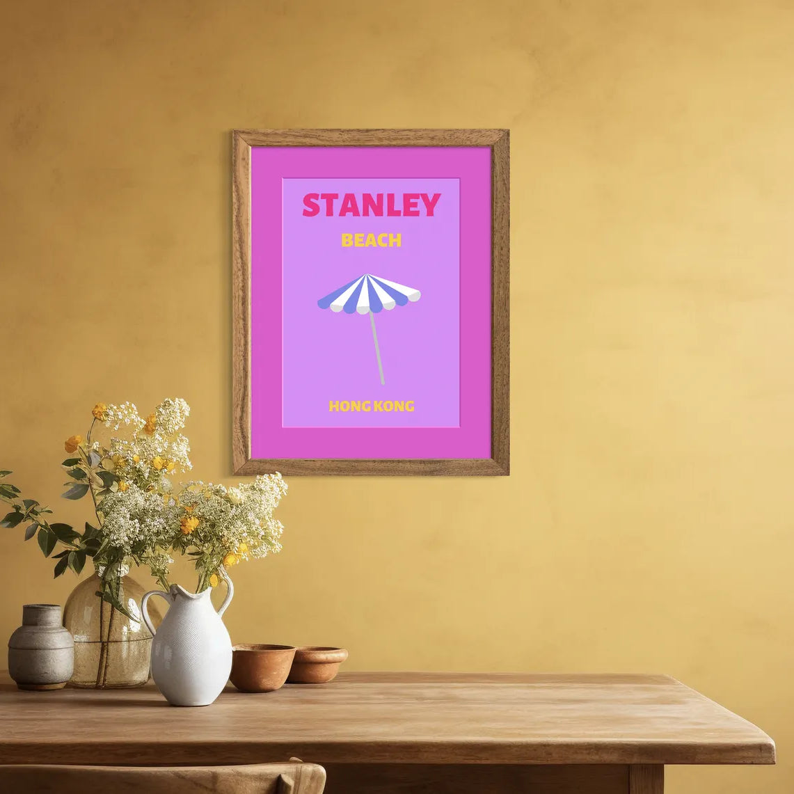 Stanley Beach Hong Kong Art Print – Retro Coastal Umbrella Design