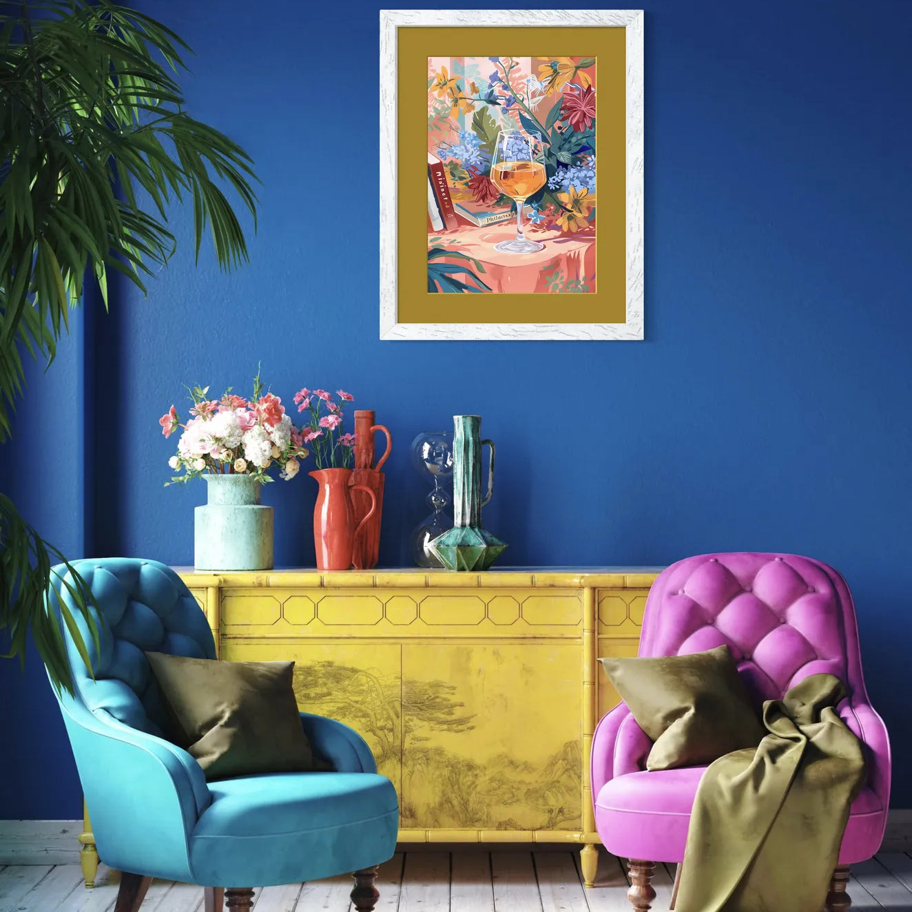 Floral Still Life with Wine – Vibrant Botanical Art Print