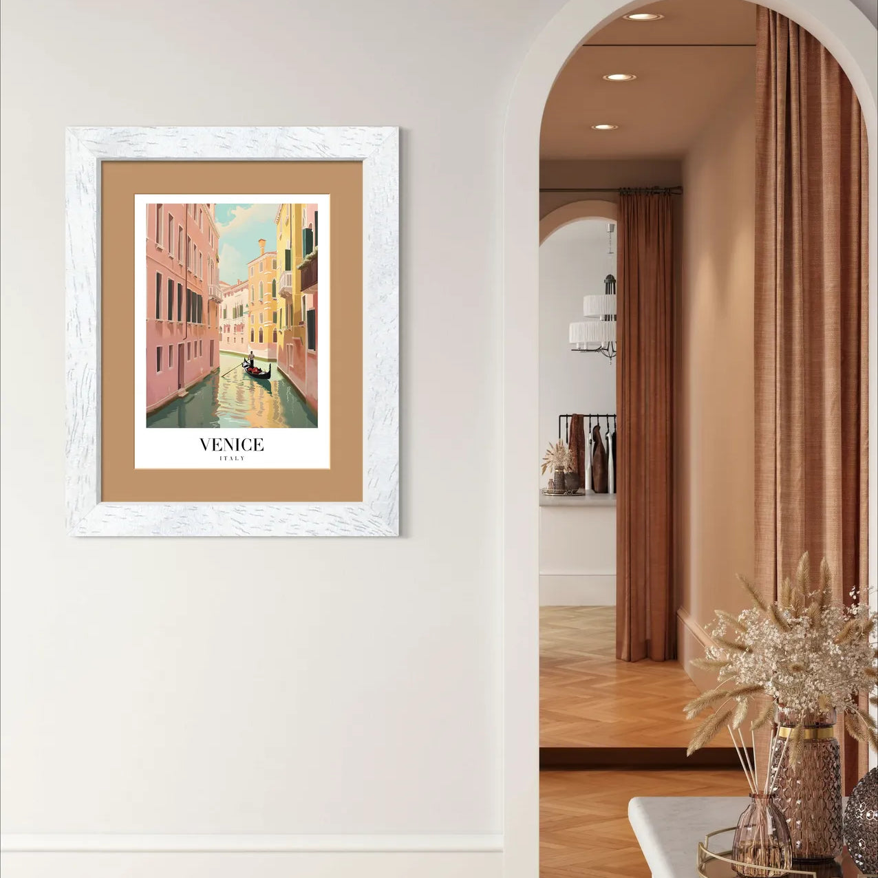 Venetian Canal Art Print With Gondola And Sunlit Homes 2