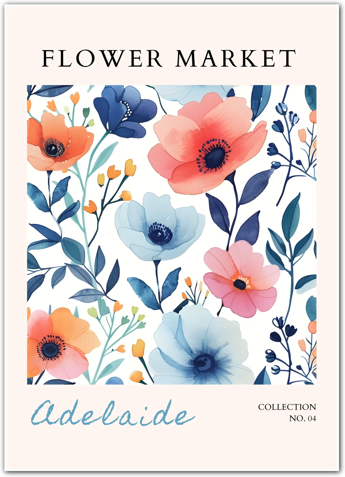 Adelaide Garden Pop – Bold Floral Illustration in Coral and Blue