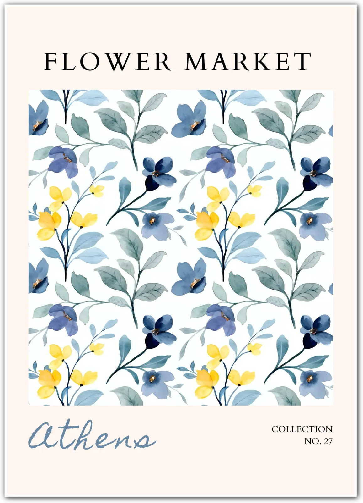 Athens Morning Blooms – Watercolour Floral Print in Blue and Yellow