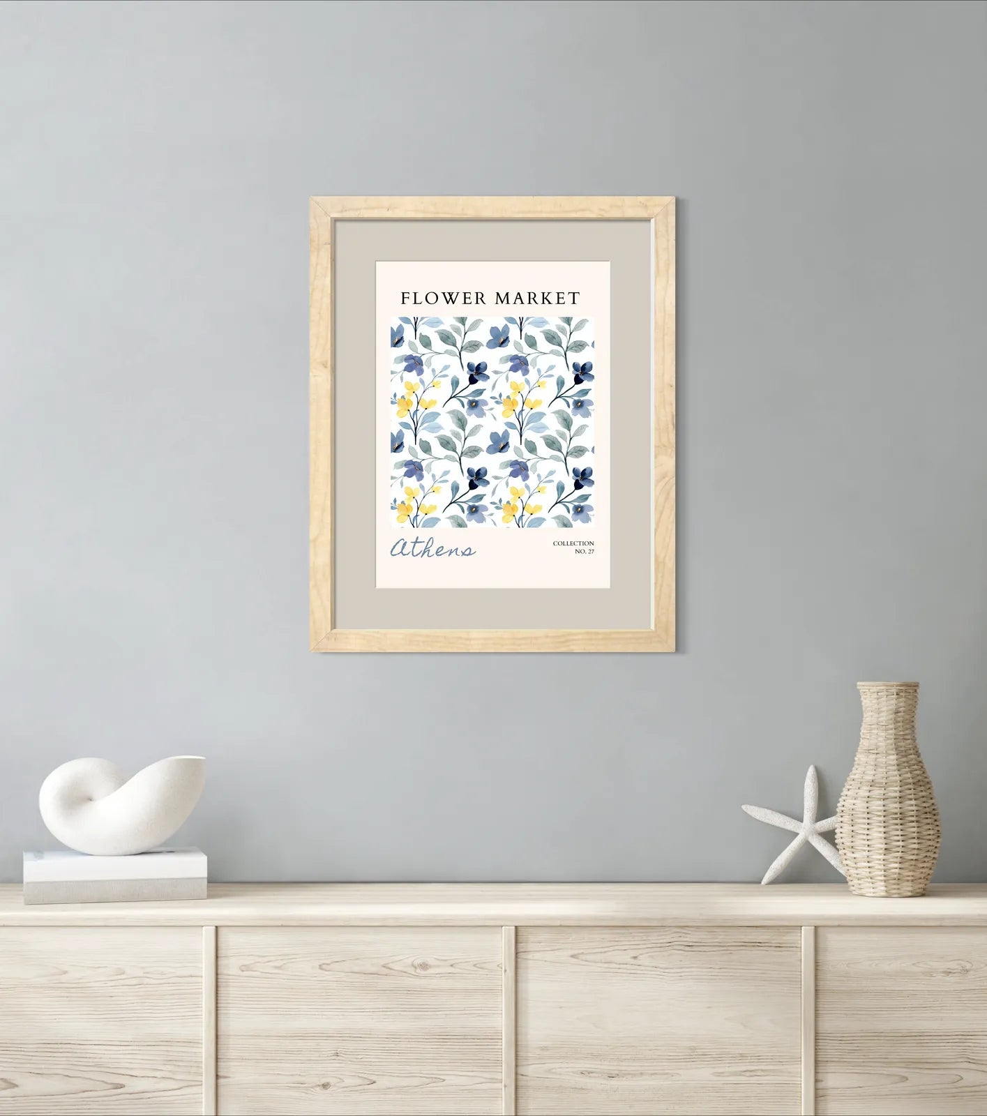 Athens Morning Blooms – Watercolour Floral Print in Blue and Yellow