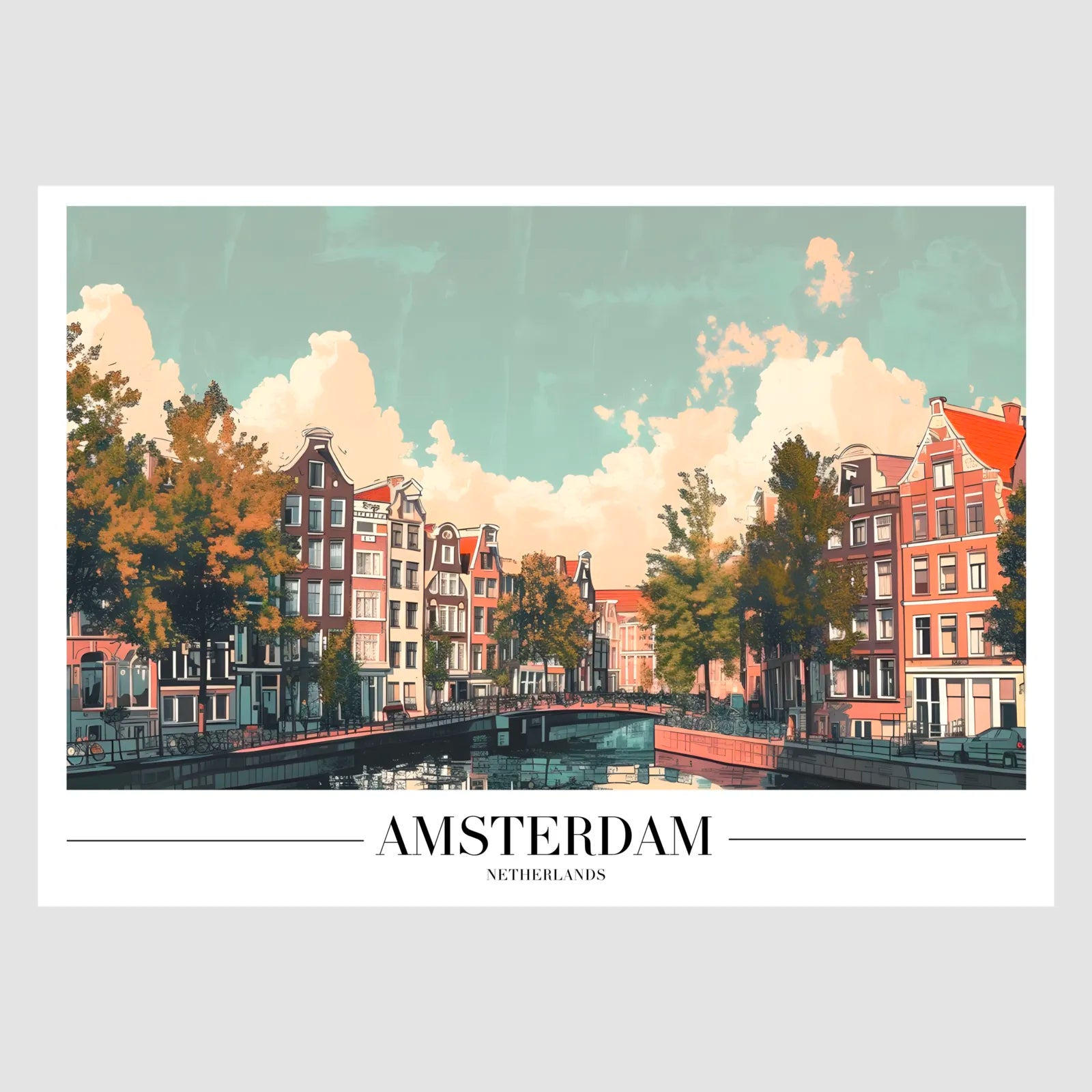 Amsterdam Waterside Art Print with Sunlit Canal Scene 1