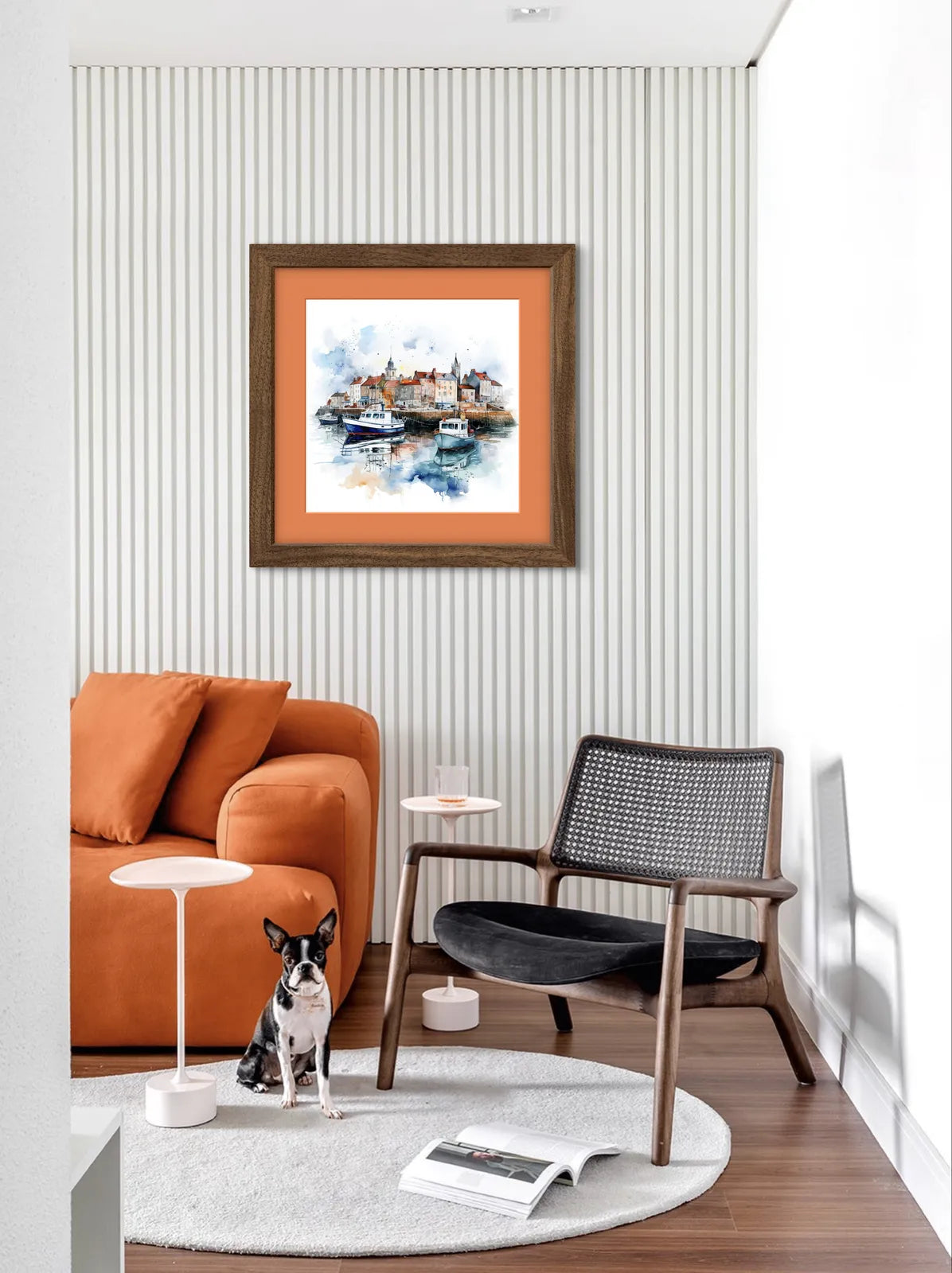 Watercolour painting of a harbour with colourful boats and buildings.