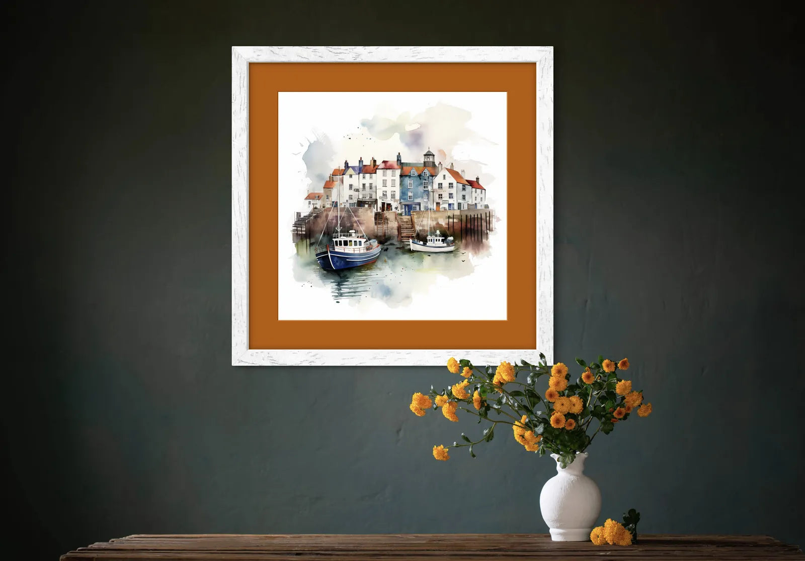 Watercolour painting of a coastal village with colourful cottages and boats in a harbour.