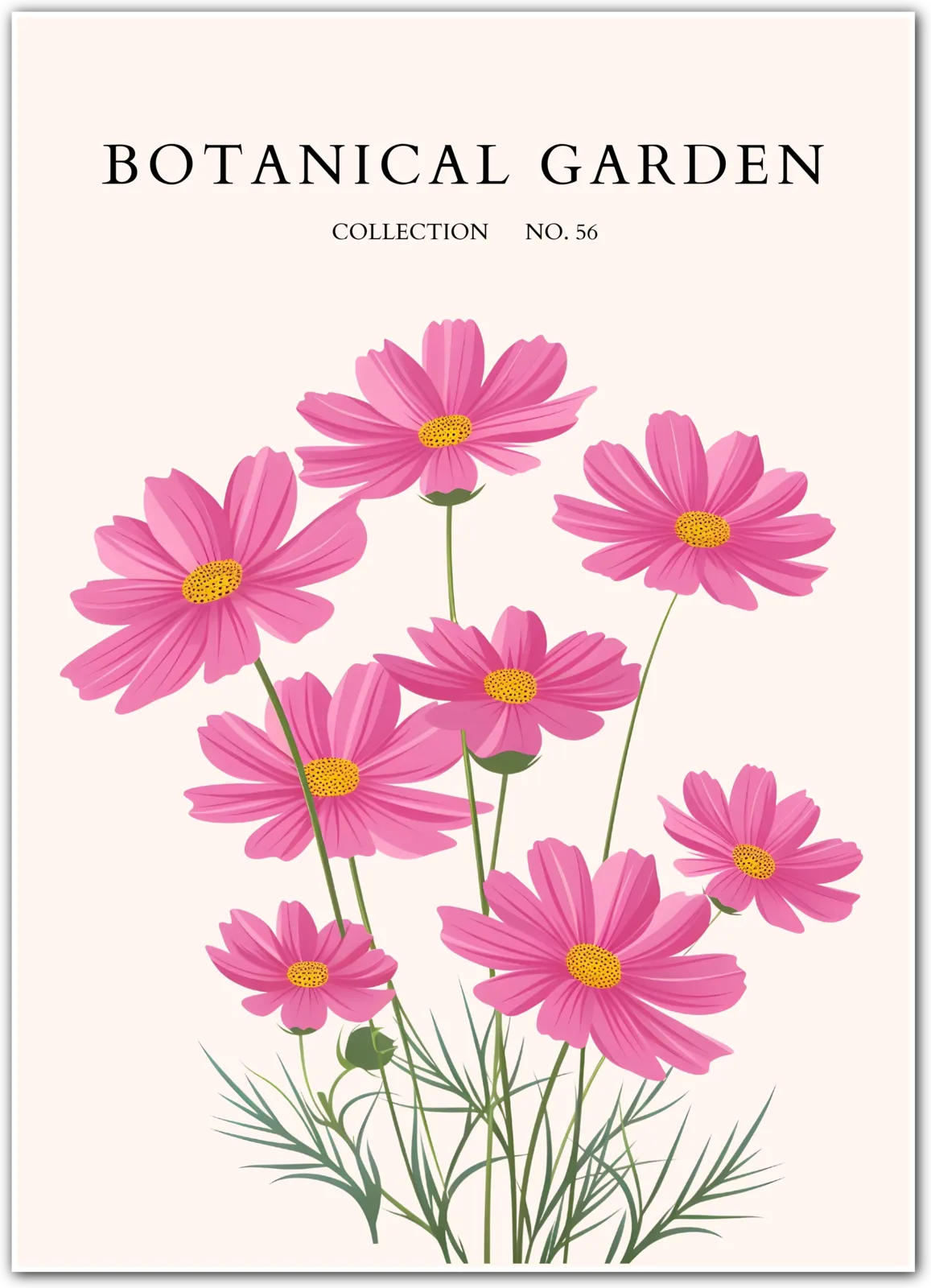 Pink Cosmos Garden Print – Cheerful Summer Bloom on Cream Canvas