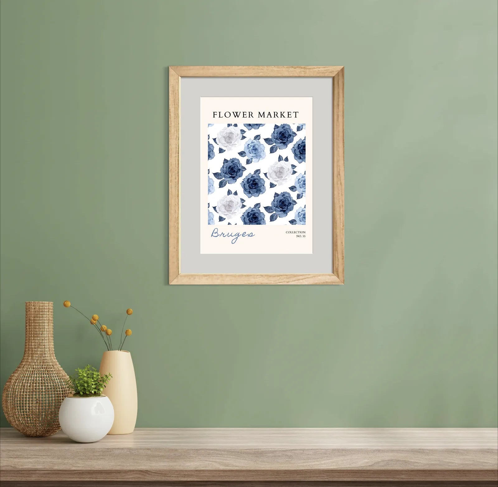 Bruges Flower Market Art Print – Blue Rose Watercolour Elegance