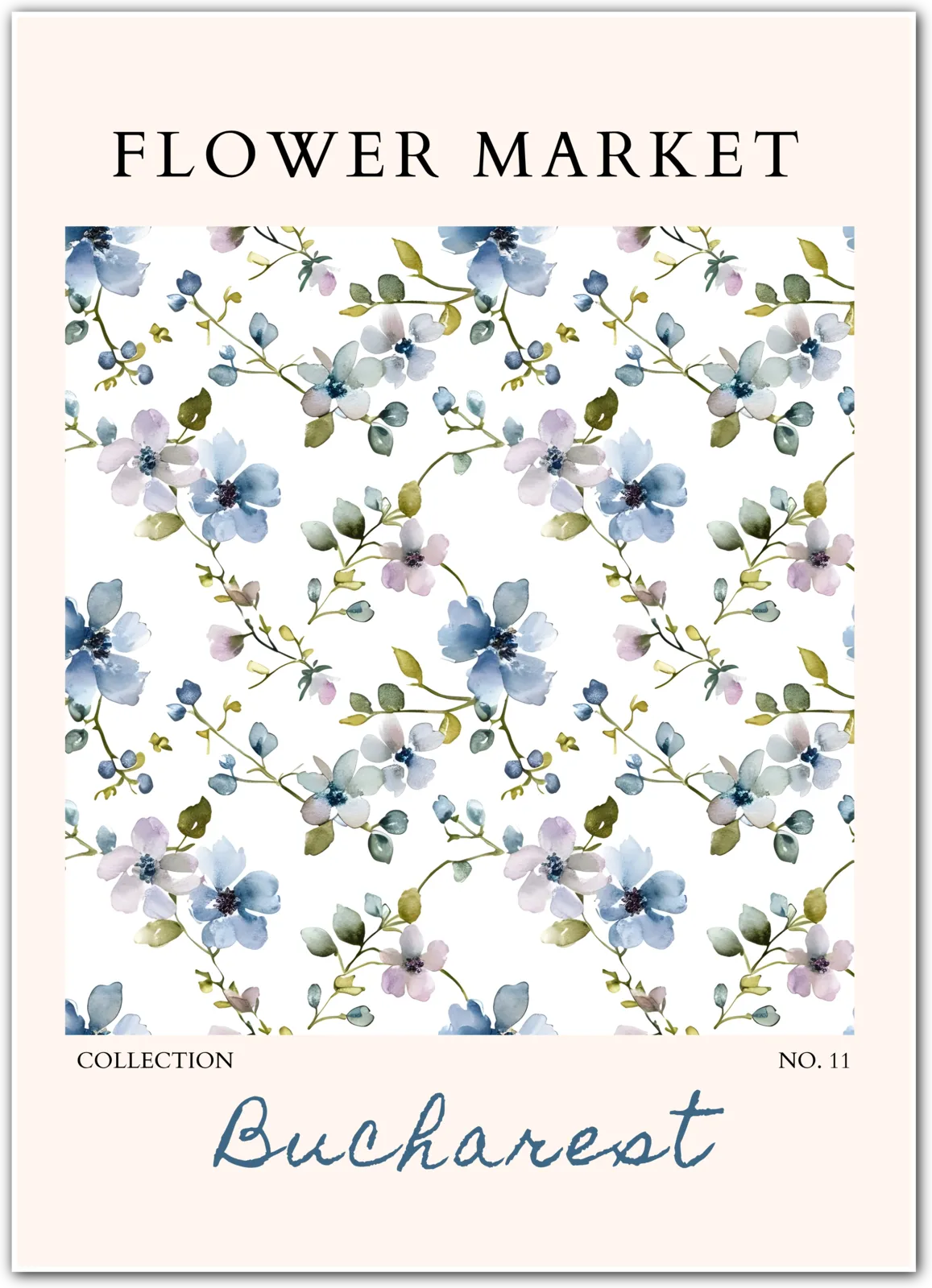 Bucharest Flower Market Art Print – Hand-Painted Wildflowers in Blue & Olive