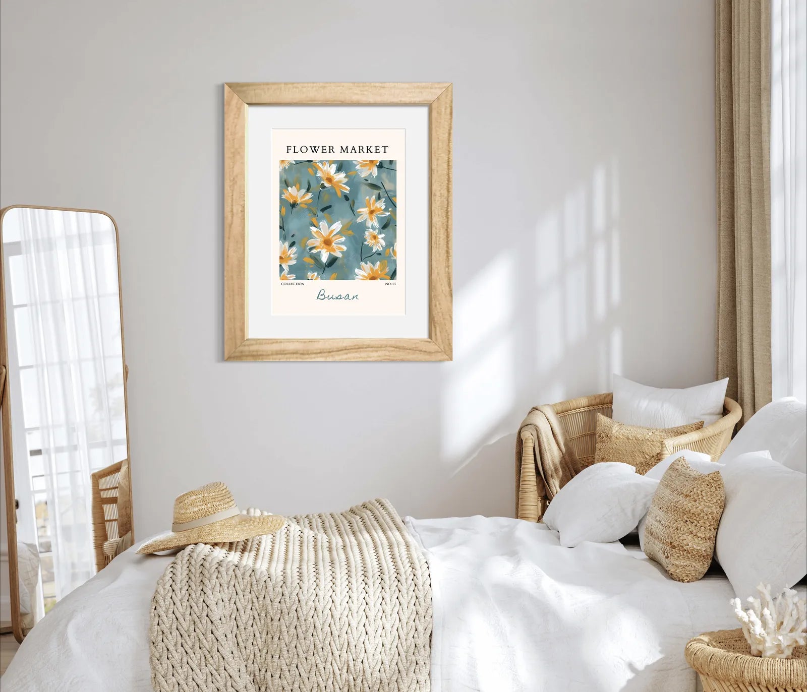 Busan Daisies Art Print – Painterly Coastal Blooms in Teal and Gold
