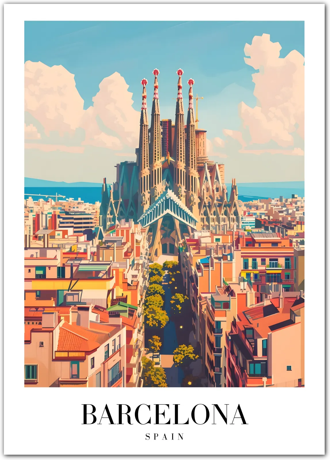 Barcelona Spain Art Print – Sagrada Familia and Cityscape in Soft Tones