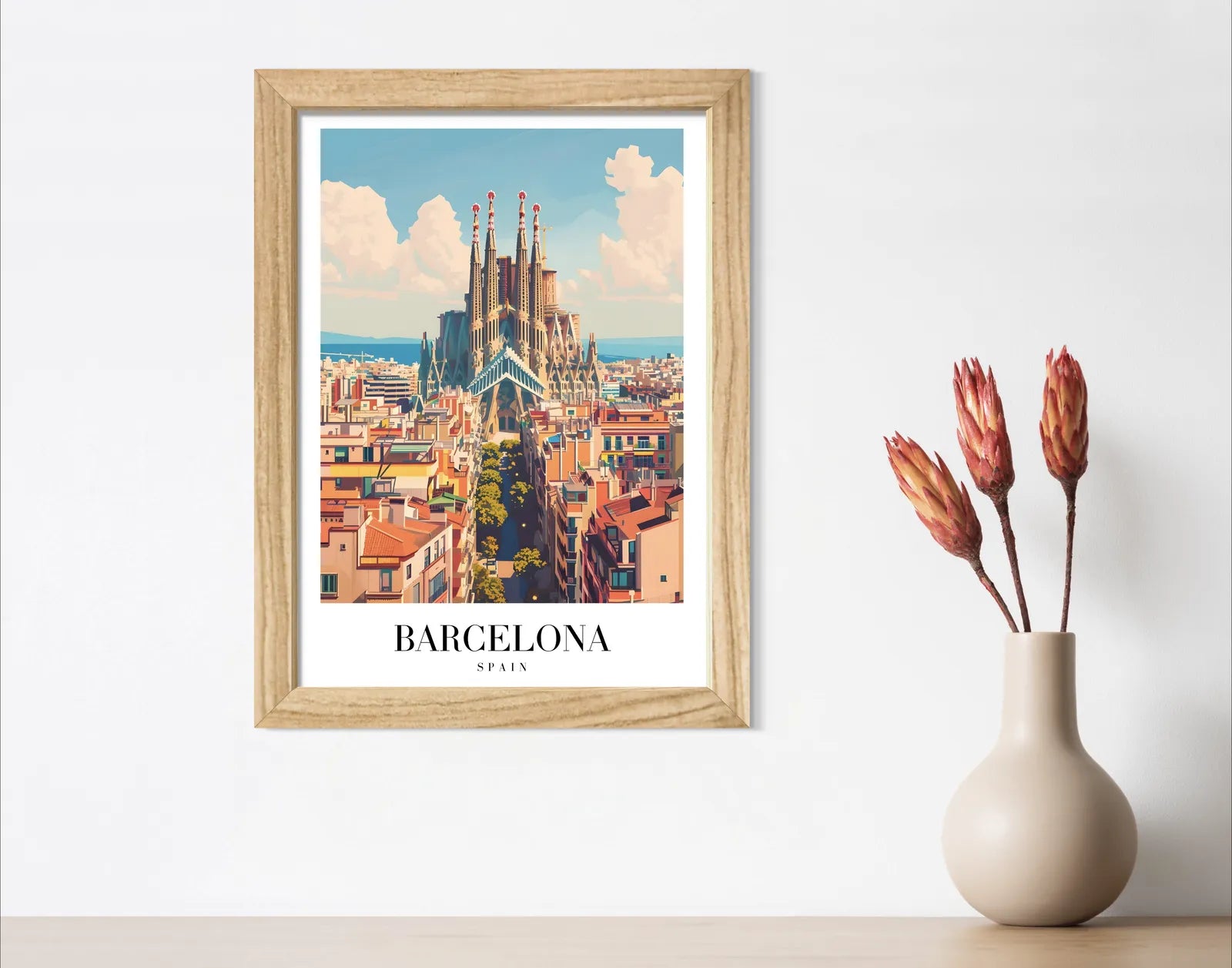 Barcelona Spain Art Print – Sagrada Familia and Cityscape in Soft Tones