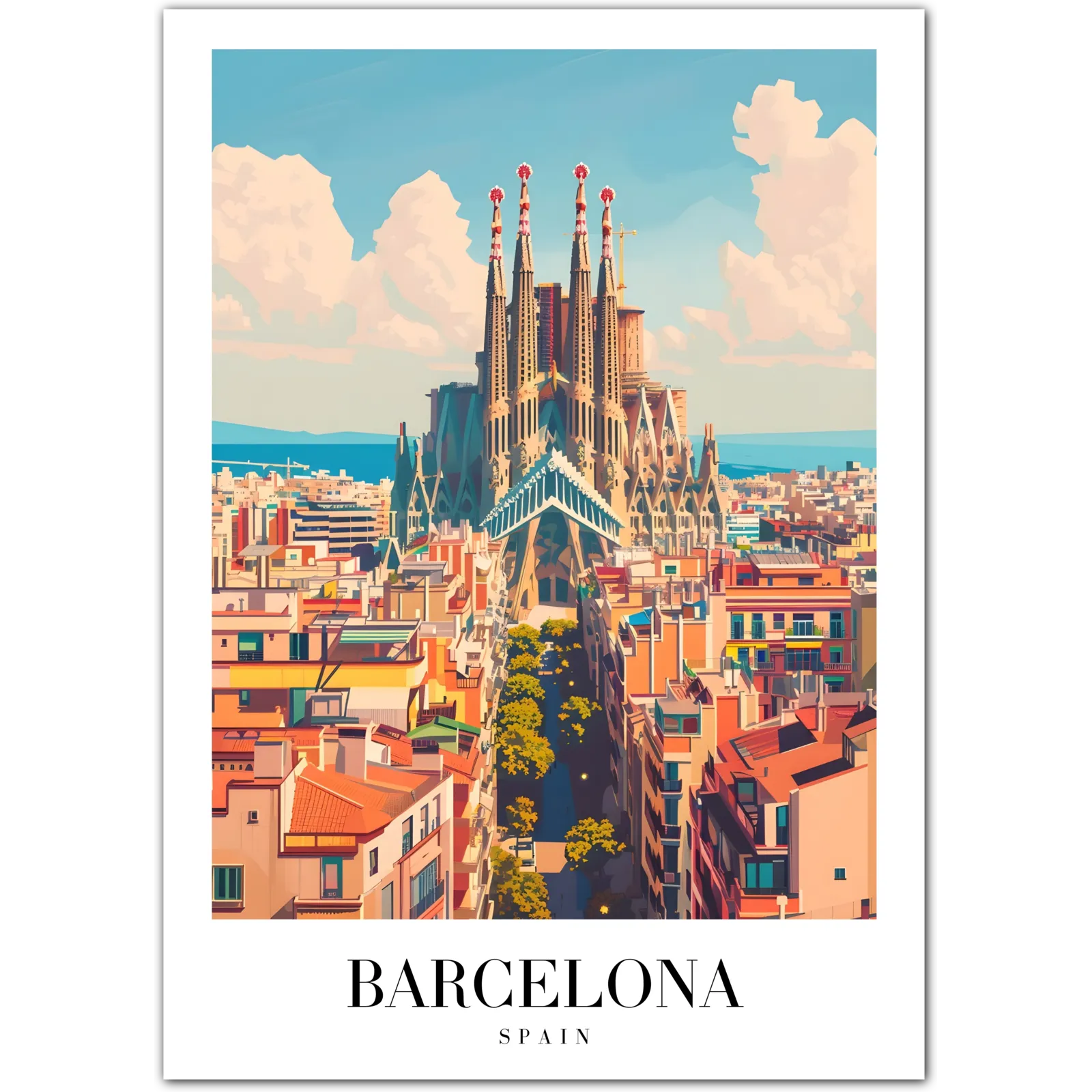 Barcelona Spain Art Print – Sagrada Familia and Cityscape in Soft Tones