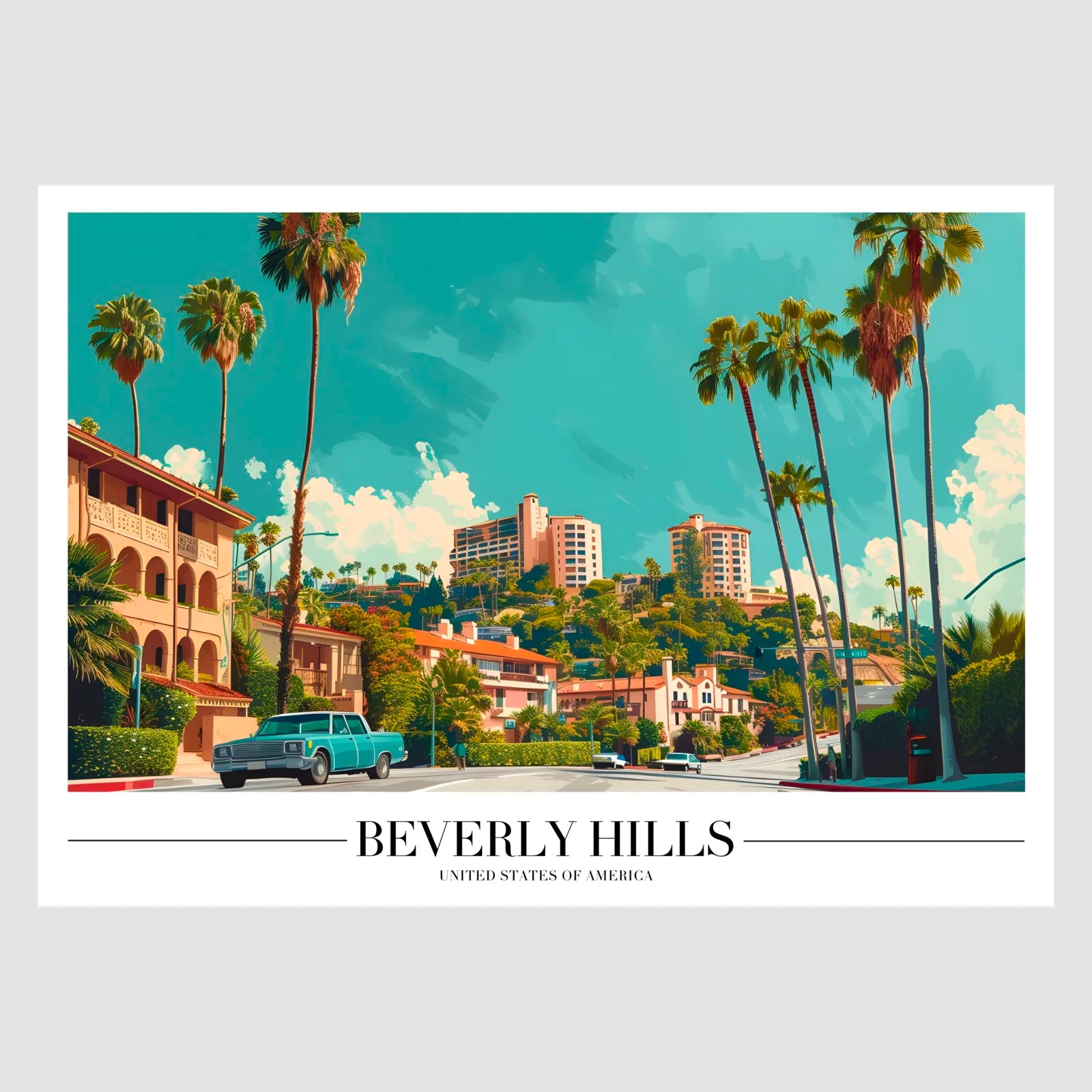 Beverly Hills Art Print with Retro Cars and Palm-Lined Road 1